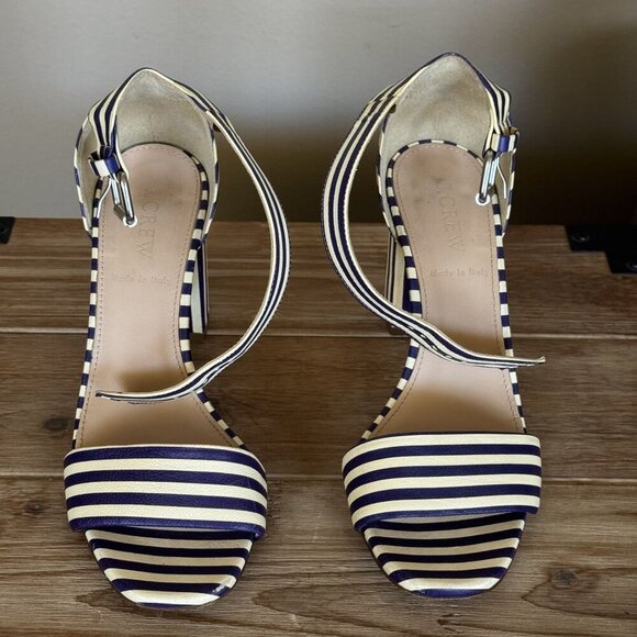 J. Crew Leather Light Cream Navy Stripe Ankle Strap Open Toe Block Heel Sandals - Picture 4 of 16